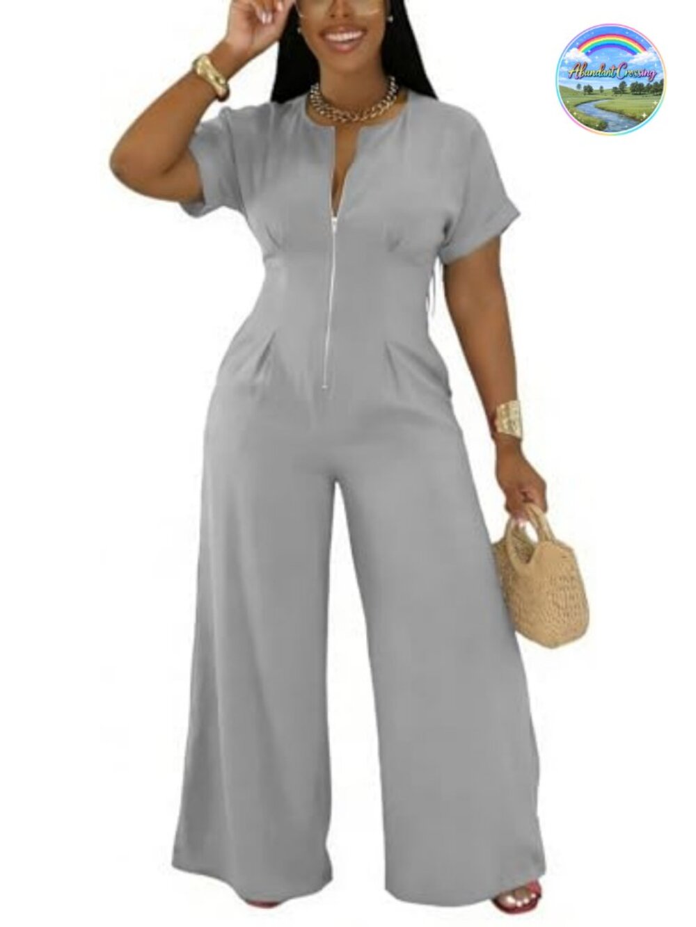 Short Sleeve Zip Up Wide Leg Jumpsuit One Piece Romper